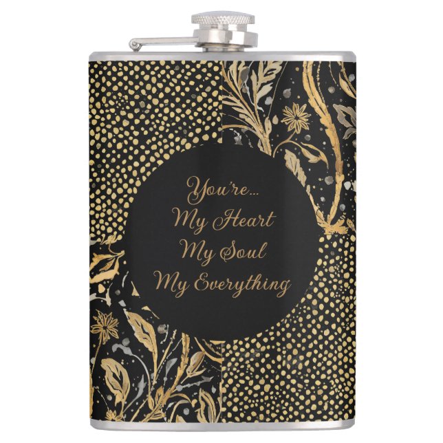 Luxury, Valentine's Day,Black Gold Florals ,Pixel  Flachmann (Vorderseite)