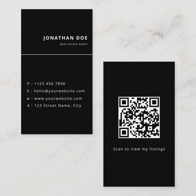 Luxury Vertical Black QR Code Realtor  Visitenkarte (Vorne/Hinten)