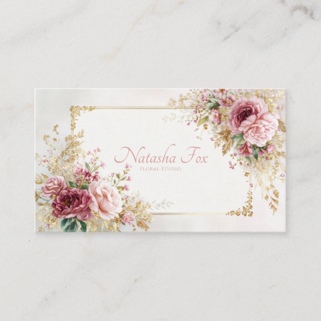 Luxury Victorian Blush Rose Floral and Gold Frame Visitenkarte (Vorderseite)