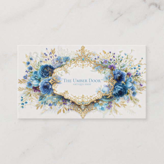 Luxury Victorian Ornate Gold Frame Blue Floral Visitenkarte (Vorderseite)