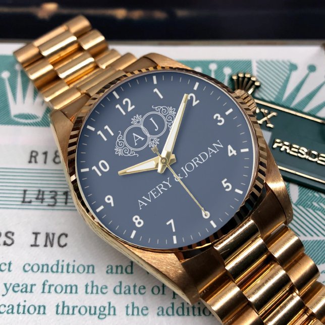  Luxury Vintage  Monogram Initials Navy Blue Armbanduhr (Von Creator hochgeladen)