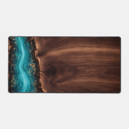 Luxury Walnut Wood and Teal Resin Art Desk Mat Schreibtischunterlage