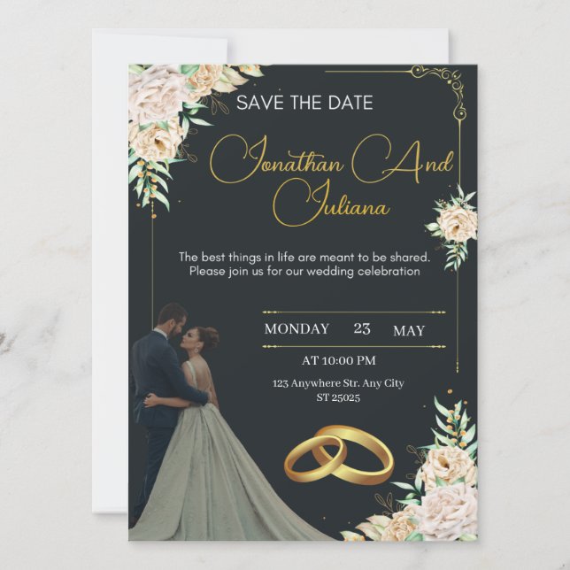 Luxury Wedding Invitation Black and Gold Einladung (Vorderseite)