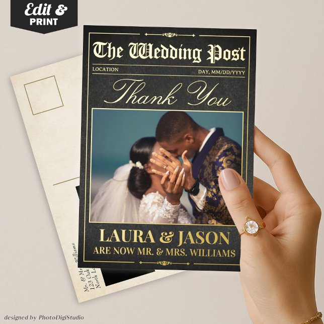 Luxury Wedding Newspapier Vielen Dank Card Gold Fo Folieneinladung (Luxury Wedding Newspaper Thank You Card Gold Foil)