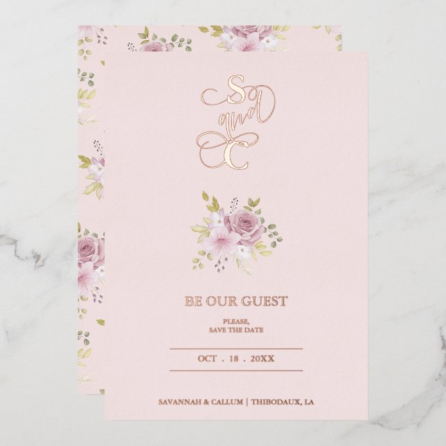 Luxury Wedding Spring Floral Pink Bouquet Folieneinladung (Vorderseite/Rückseite)