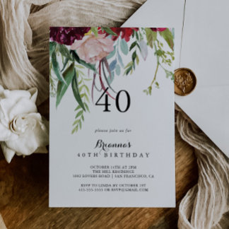 Luxury Whimsical Boho Floral 40. Geburtstag Party Einladung