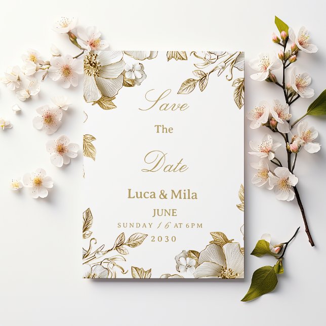 Luxury white and gold floral Save the Date Einladung (Luxury white and gold floral Save the Date)