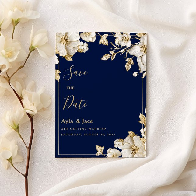 Luxury white gold floral navy blue Save the Date Einladung (Luxury white gold floral navy blue Save the Date)