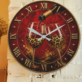 Luxury Wine Glasses & Gold Leopard Print Große Wanduhr