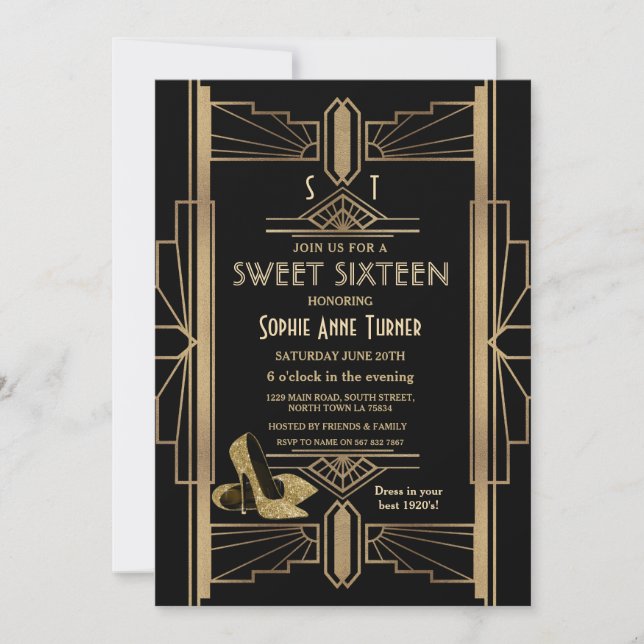Luxus 20's Great Gold Art Deco SWEET 16 Einladung (Vorderseite)