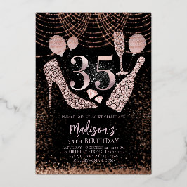 Luxus 35. Geburtstag Glitzer Rose Gold Schwarz Folieneinladung