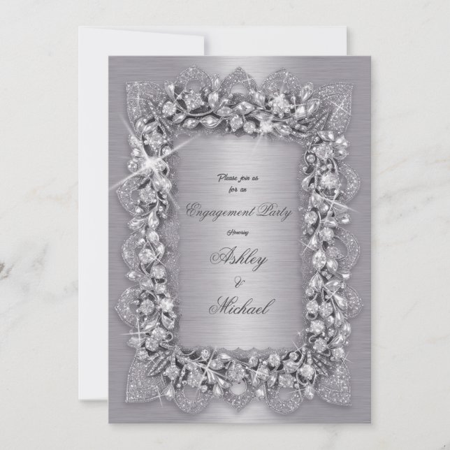 Luxus 3D-modische Silber-Engagement Party-Chic Einladung (Vorderseite)