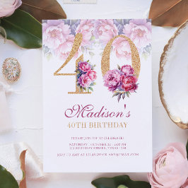 Luxus 40. Geburtstag Floral Pink Gold Glitzer Einladung