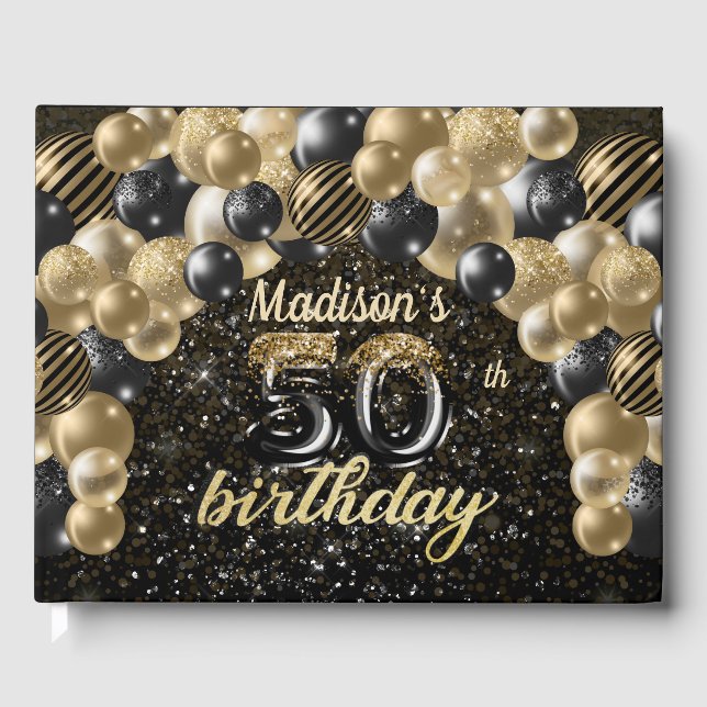 Luxus 50. Geburtstag Personalisiert Schwarzes Gold Gästebuch (Vorderseite)