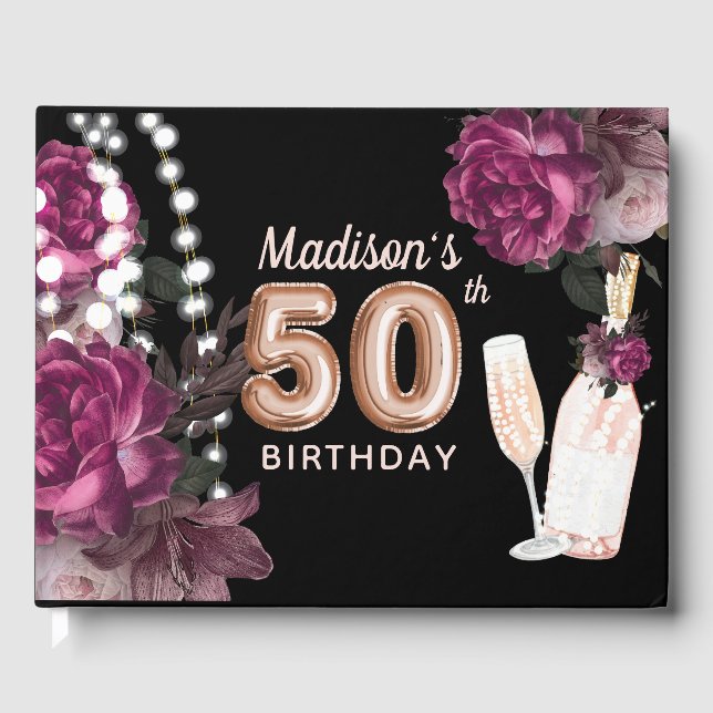Luxus 50. Geburtstag Personalisierte Rose Wein Gästebuch (Vorderseite)