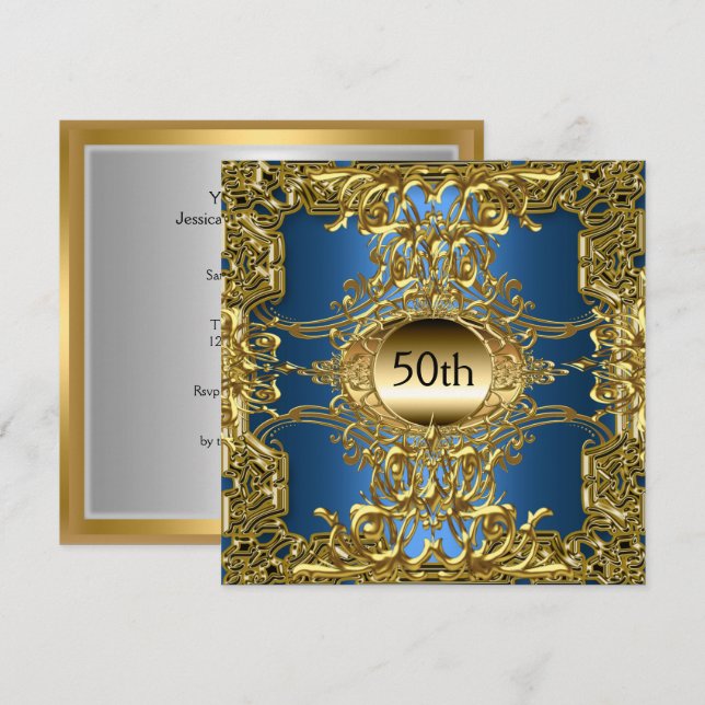 Luxus 50. Gold Blue Birthday Party Gold Blue Einladung (Vorne/Hinten)