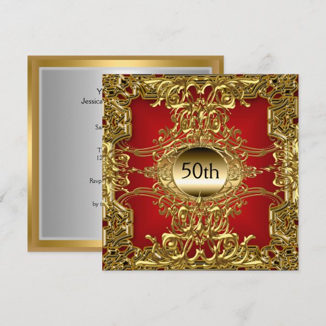 Luxus 50 Gold Red Birthday Party Gold Red Einladung (Vorne/Hinten)