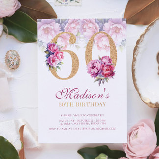 Luxus 60. Geburtstag Floral Pink Gold Glitzer Einladung
