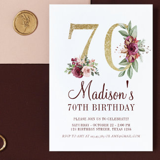 Luxus 70. Geburtstag Burgundy Gold Floral Einladung