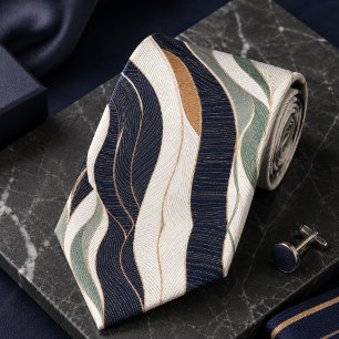Luxus-Abstrakt-Welle-Navyblau-Salbei-Grün-Beige Krawatte