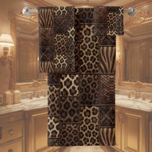 Luxus-African-Tierdruck   Braun Faux Glitter  Badhandtuch Set