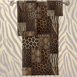 Luxus-African-Tierdruck   Braun Faux Glitter  Badhandtuch Set