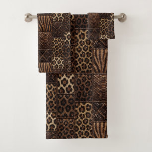 Luxus-African-Tierdruck   Braun Faux Glitter  Badhandtuch Set