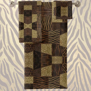Luxus-African-Tierdruck   Dunkelbraun und Gold Badhandtuch Set