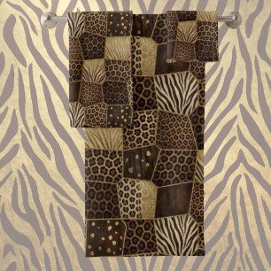 Luxus-African-Tierdruck   Dunkelbraun und Gold Badhandtuch Set