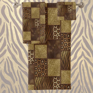 Luxus-African-Tierdruck   Dunkelbraun und Gold Badhandtuch Set