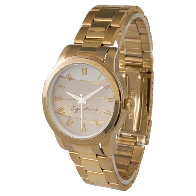 Luxus Anpassung Unterschrift Glitzer Rose Gold Armbanduhr (Schrägansicht)