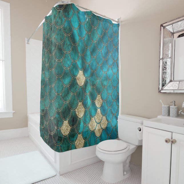 Luxus Aqua Green Mermaid Scales mit Gold Glitzer Duschvorhang (Beispiel)