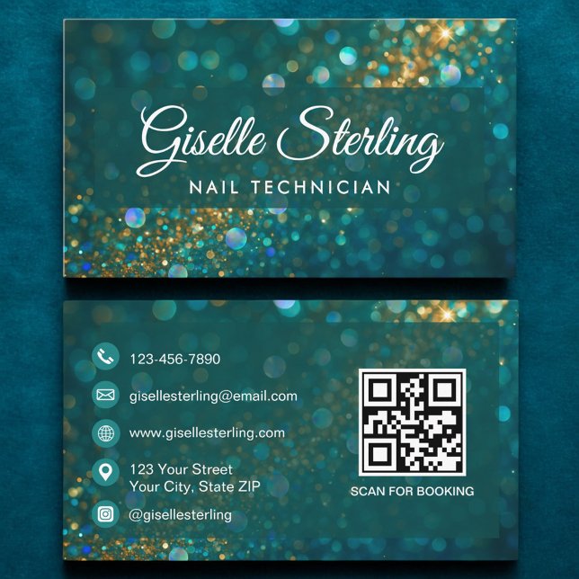 Luxus Aquamarin Gold Glitzer Nageltechniker QR Cod Visitenkarte (Von Creator hochgeladen)