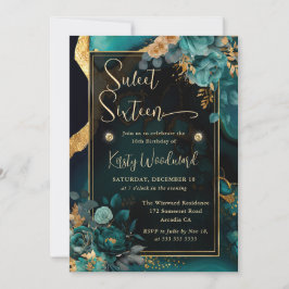 Luxus Aquamarin und Gold Floral Agate 16 . Geburts Einladung