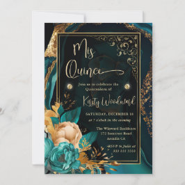 Luxus Aquamarin und Gold Floral Agate Quinceanera Einladung