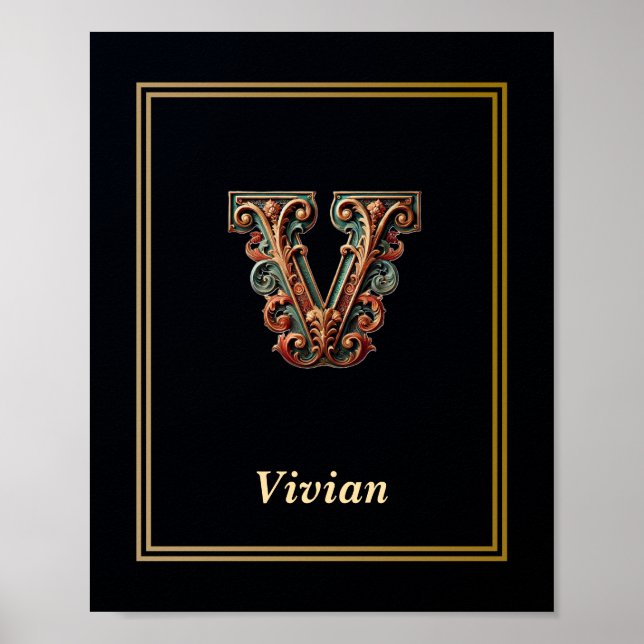 Luxus-Barock-Buchstabe V-Monogramm-Plakat  Poster (Vorne)