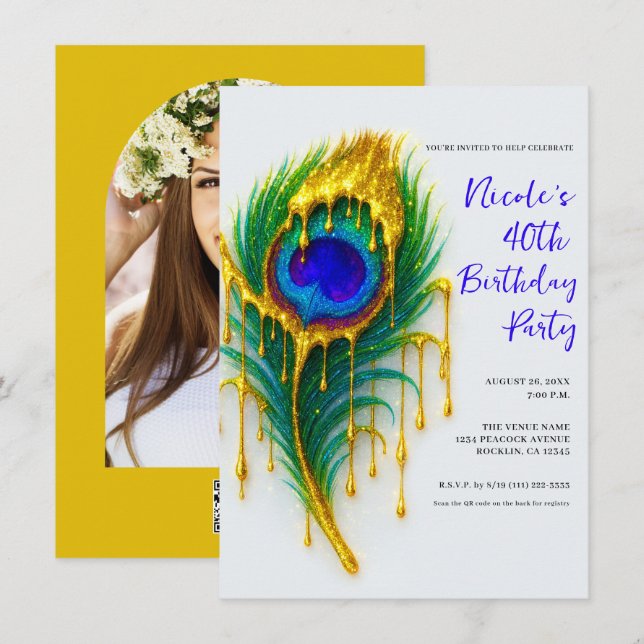 Luxus Beauty Gold Tropfen Peacock Feather Birthday Einladung (Vorne/Hinten)
