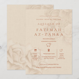 Luxus-Beige-Blumen-Aqeeqah-Baby-Mädchen Einladung