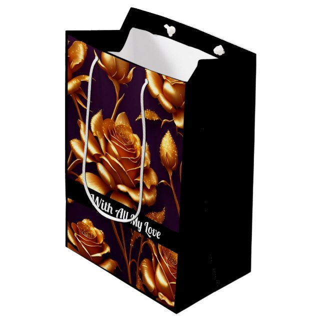 Luxus Big Gold Rose Moderne Kollektion Mittlere Geschenktüte (Vorderseite Schrägansicht)