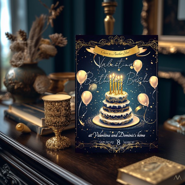 Luxus Birthday Cake | Elegant Gold & Navy Einladung (Von Creator hochgeladen)