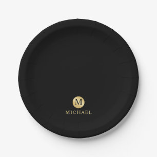 Luxus Black and Gold Personalisiert Monogram Pappteller