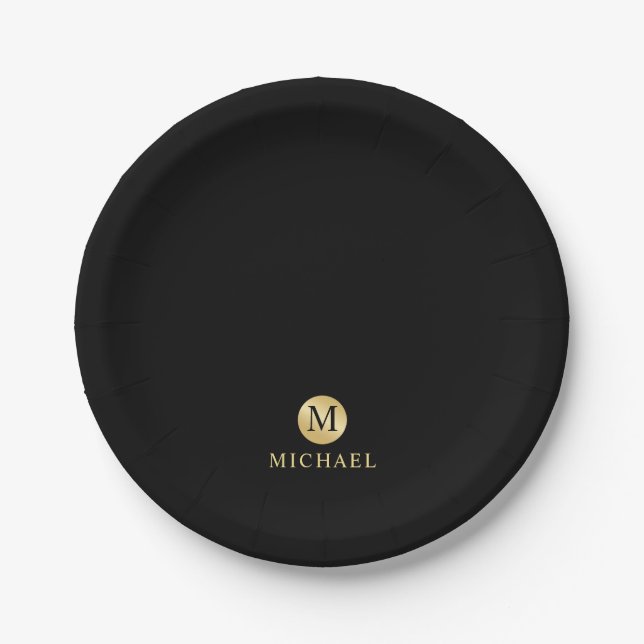 Luxus Black and Gold Personalisiert Monogram Pappteller (Vorderseite)
