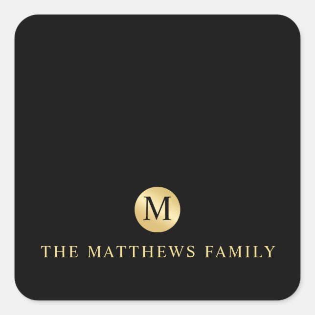 Luxus Black and Gold Personalisiert Monogram Quadratischer Aufkleber (Vorderseite)