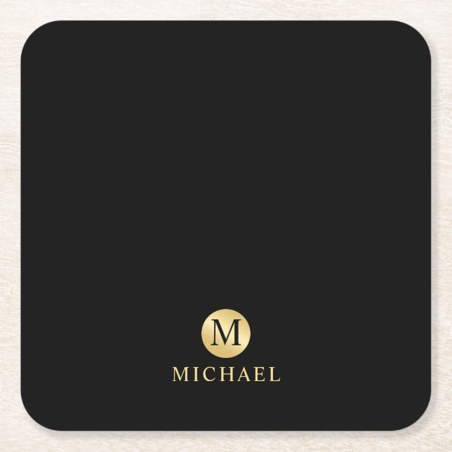 Luxus Black and Gold Personalisiert Monogram Rechteckiger Pappuntersetzer (Vorderseite)