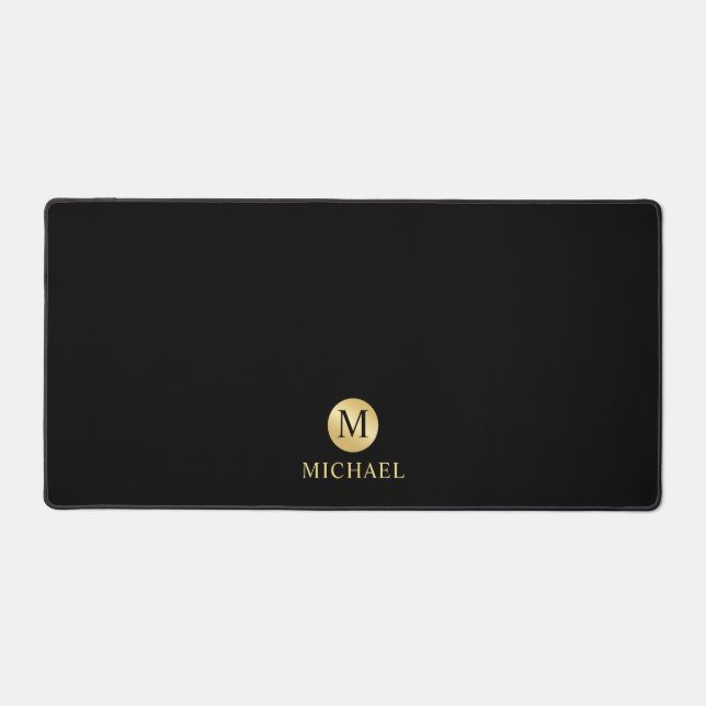 Luxus Black and Gold Personalisiert Monogram Schreibtischunterlage (Vorderseite)