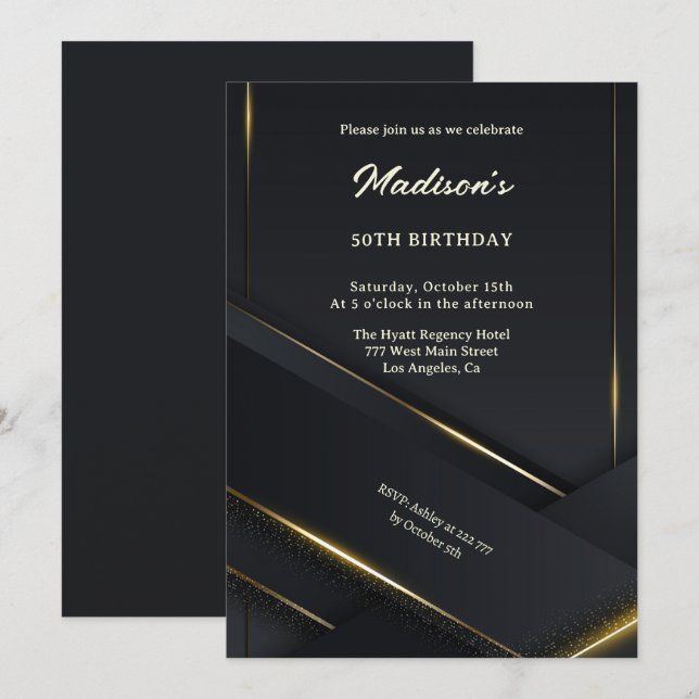 Luxus Black Background Gold Linien Geburtstag Einladung (Vorne/Hinten)