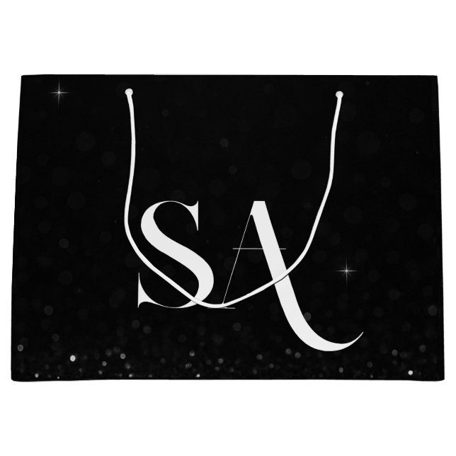 Luxus Black Glitzer Geschenktasche mit Initialen Große Geschenktüte (Vorderseite)