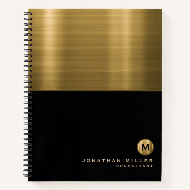 Luxus Black Gold Brushed Metal Monogram Notizbuch (Vorderseite)