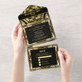 Luxus Black & Gold Gatsby Art Deco 1920er Hochzeit All In One Einladung