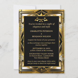 Luxus Black & Gold Gatsby Art Deco 1920er Hochzeit Einladung